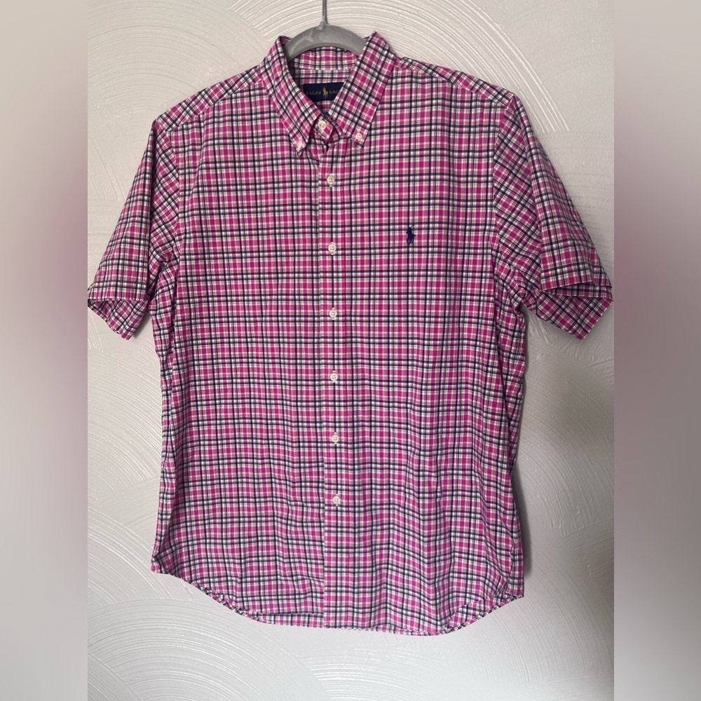 Ralph Lauren Button Down Shirt Men's L Non-Iron Pink Blue Green Plaid Vibrant